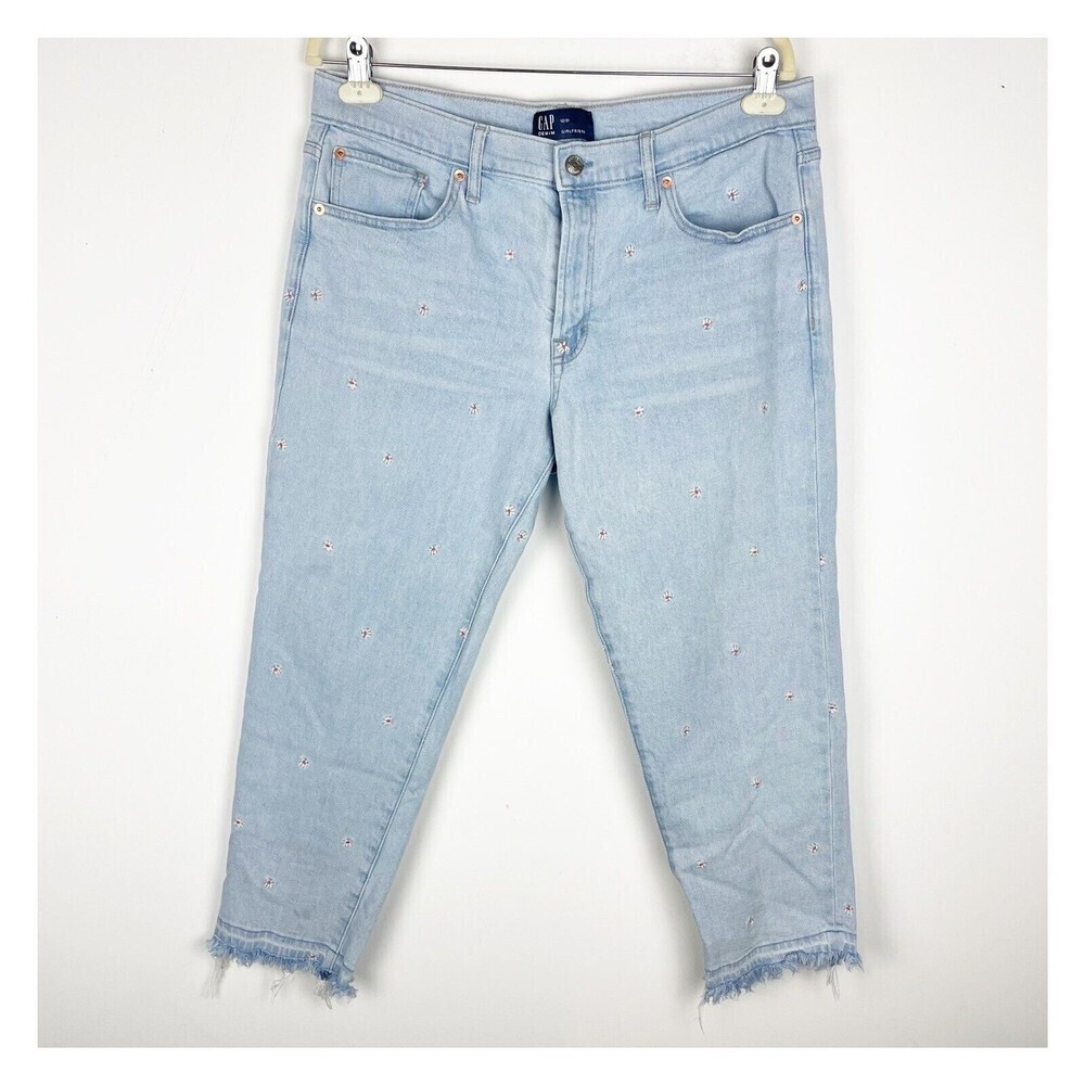 GAP Denim Girlfriend Crop Jeans Daisy Flower Embroidered w/Frayed Hem Size 12/31